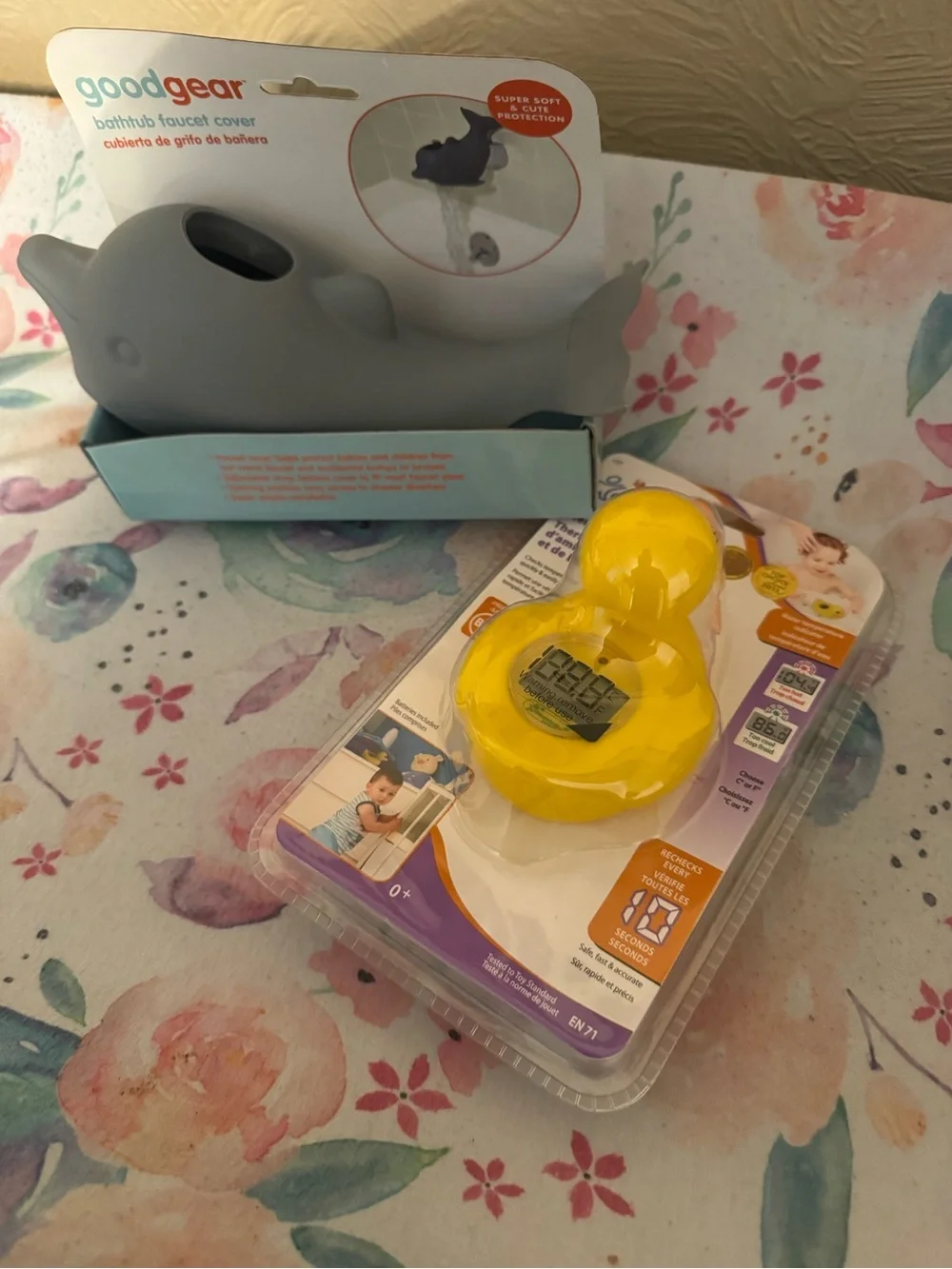 Gray Dolphin Bathtub Faucet Cover & Yellow Duck Thermometer Set